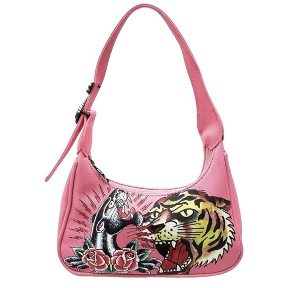 Ed Hardy x Siberia Hills Y2k Pink Tattoo Tiger Panther Print Hobo Bag Purse - Picture 1 of 14